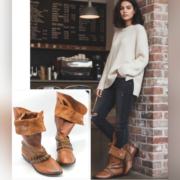 Matisse Brown Cognac Fold Foldable Slip-On Studs Strap Mid-Calf Boot Size 7.5 M - Picture 1 of 16